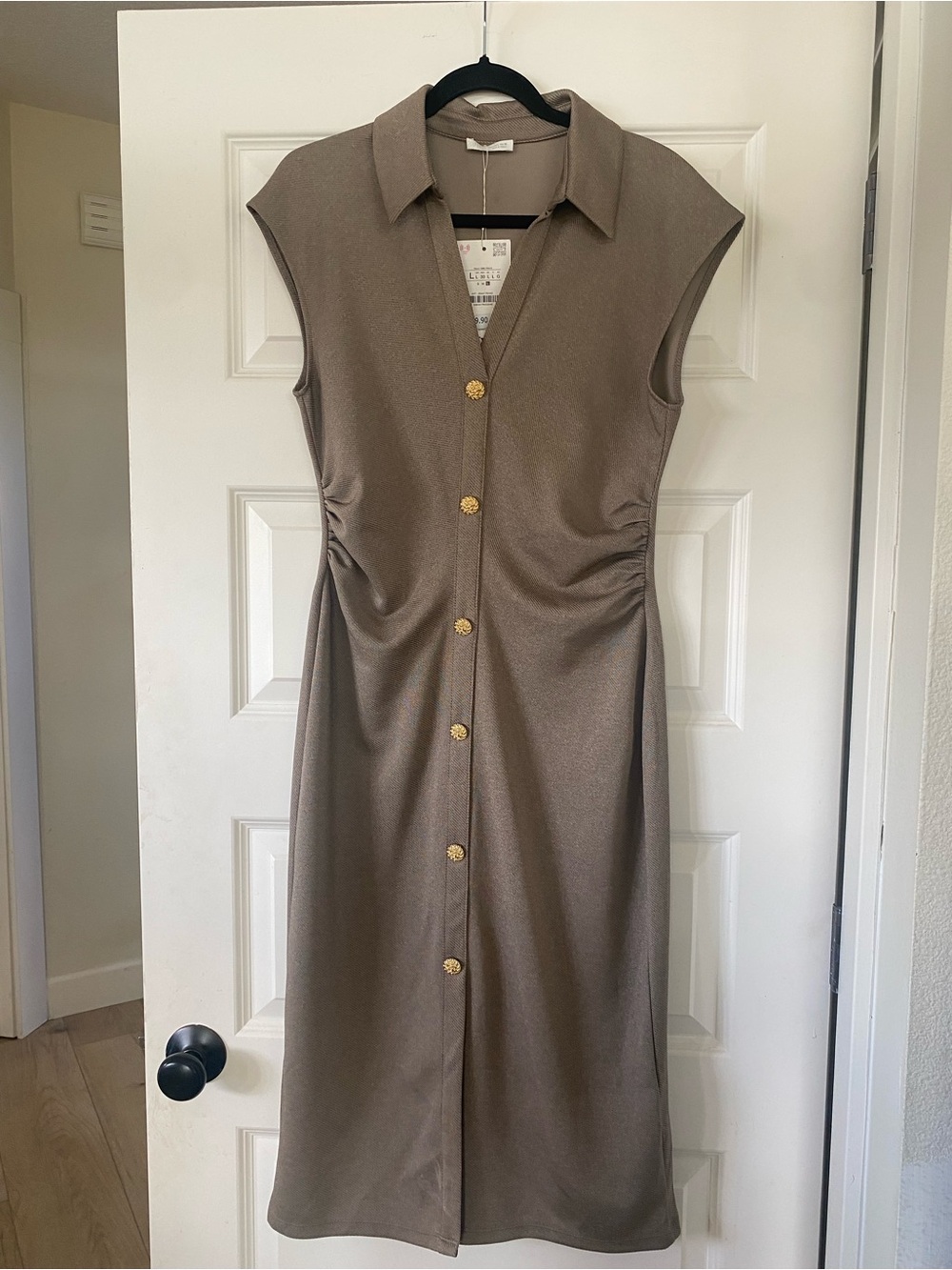 Zara Taupe Sleeveless Collared Midi Dress with Gold Buttons